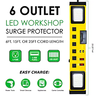 LA004KA / LPU6+2U2M 25FT SJT 14AWG/3C 2 USB 端口 DC 5V 3.4A 2 LED 灯 500 流明 20W 6 插座 车间浪涌保护器 带照明电源板