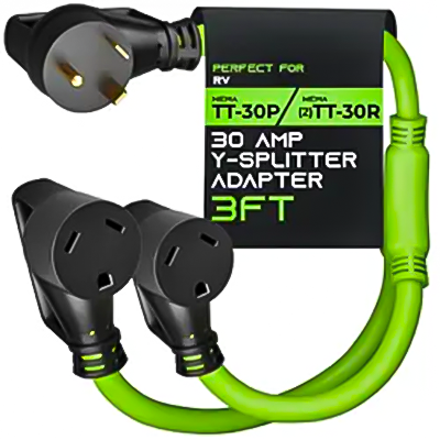 LA074Y 3 插脚 3 FT STW 10 AWG 3C NEMA TT-30P 至 (2) NEMA TT-30R 30 Amp Y 分路器适配器线，适用于拖车、露营车和发电机