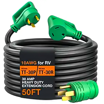 RV30H/RV30H-R 高级重型 RV 延长线 | 30 安培，50 英尺 | TT-30P/R 标准插头|储物袋和电线收纳袋| ETL 列名